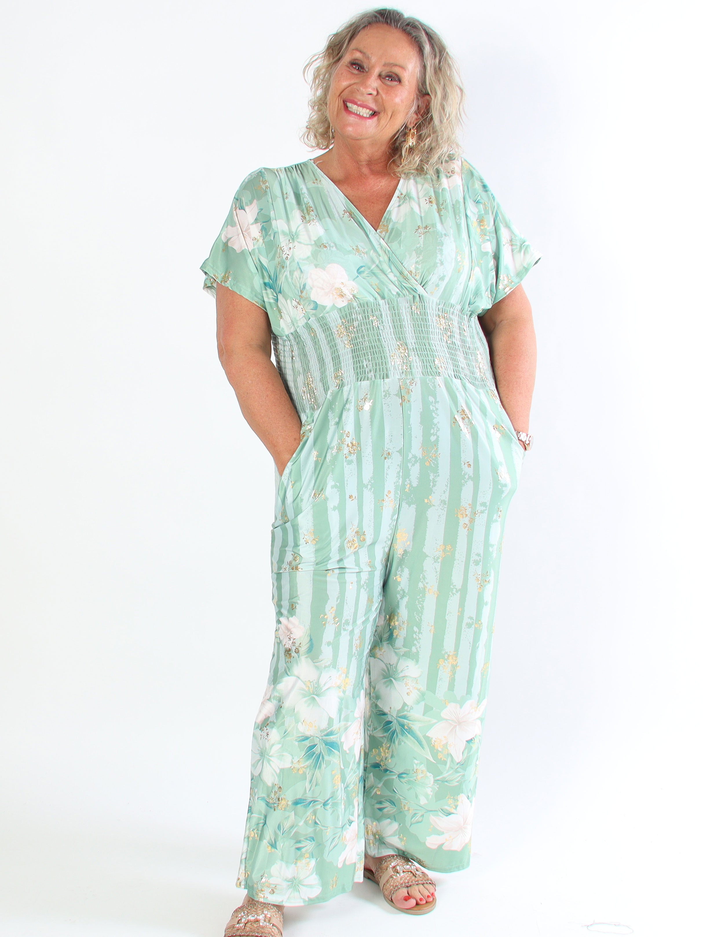 Pams Floral Stripe Jumpsuit - Elastisk plus size buksedragt med blomster